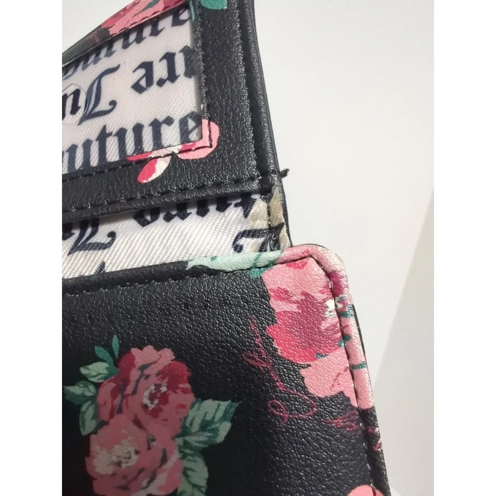 JUICY COUTURE Black Pink Flower Zipper Snap Wallet Card Case Small